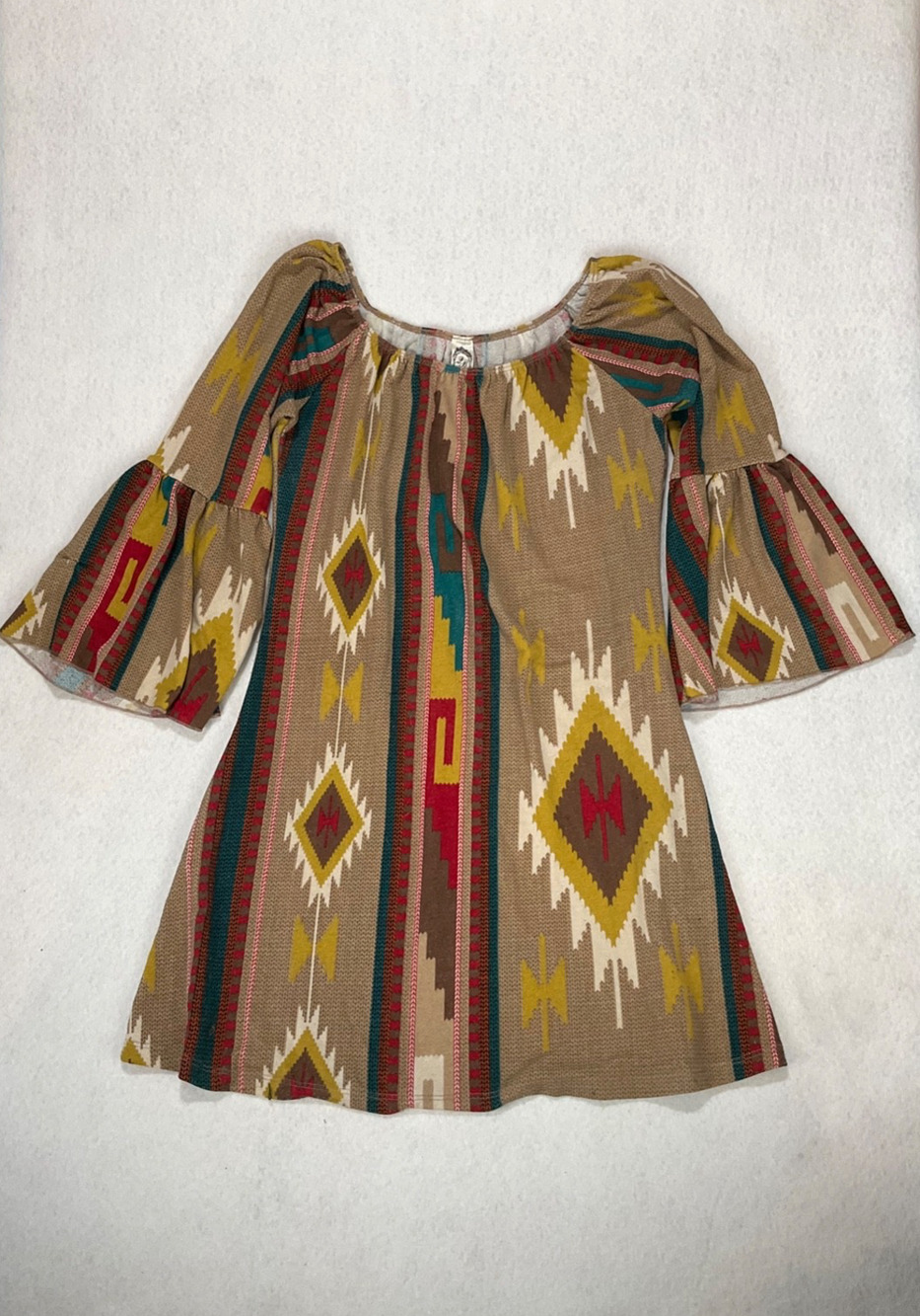 2B Together Boho Geo Aztec Mini Dress Bell Sleeves, Multi Color, Small USA made